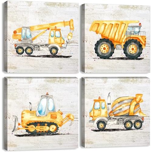 Construction Room Decor for Boys Toddler Boys Room Decor Vintage Car Poster Playroom Wall Art Dump Truck Excavator Canvas Pictures Watercolor Vehicle Paintings Kids Nursery Home Decoration 12x12" 4Pcs