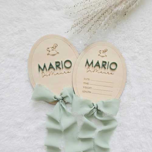 Newborn Name Announcement Sign, Rocking Horse Wooden Hospital Birth Statistic Plaque, Chiffon Ribbon Baby Name Sign, Newborn Bow Name Disc