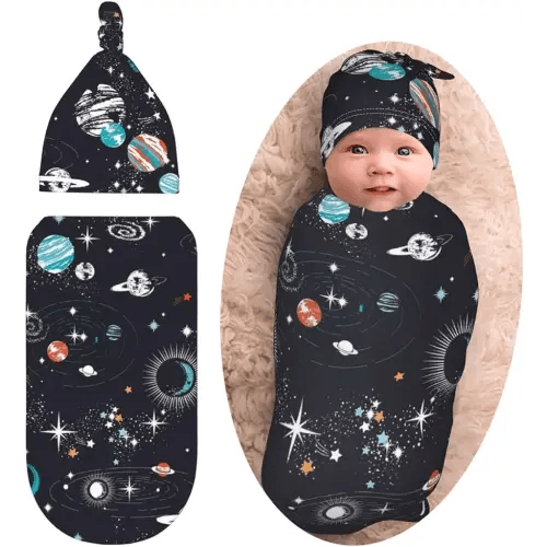 Galaxy Swaddle with Beanie Set, Soft and Stretchy Constellation Baby Swaddle Blanket for Boy and Girl Gift