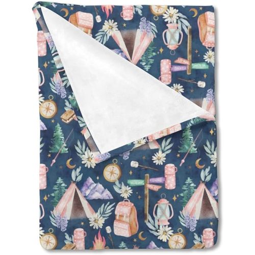 HawSkgFub Pink Watercolor Camping Baby Blanket Girls Gift, Blue Lake Life Floral Hiking Fishing Flannel Fleece Nursery Bed Blankets, Soft Lightweight Newborn Infant Toddler Kid Crib Bedding 30 x 40