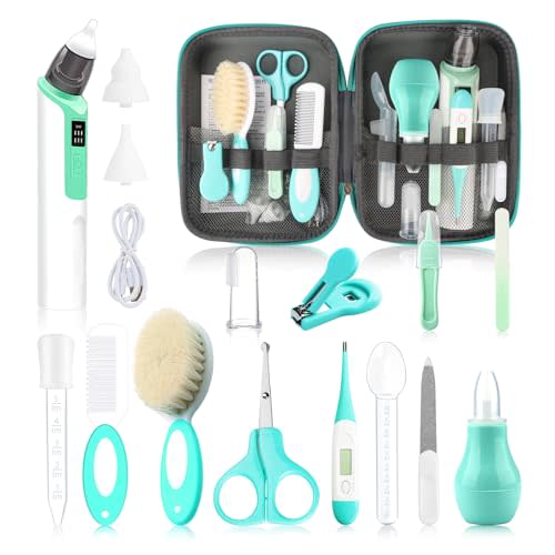 Baby Grooming Kit, Infant Safety Care Set with Baby Nose AspiratorBaby Hair Brush Comb Nail Clipper Nasal Aspirator,Baby Essentials Kit for Newborn Girls Boys (17 Pc Green Kit)