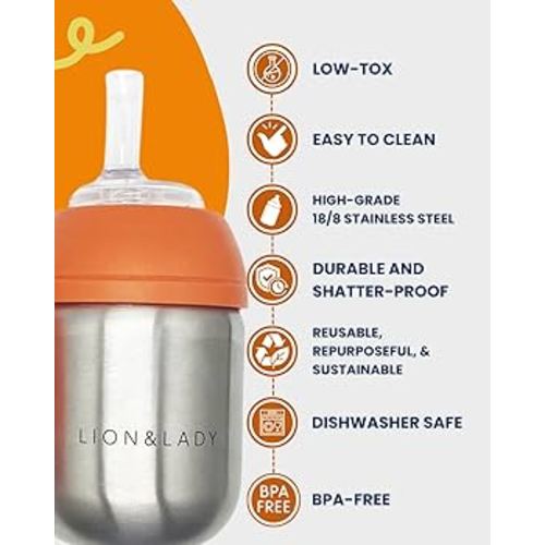 Lion & Lady Stainless Steel Baby Toddler Straw Bottles - Quality 18/8 Kids Milk Bottle, BPA and BPS Free Lid & Collar, Easy to Clean, Adaptable Design - Burnt Orange 210ml : Amazon.com.au: Baby