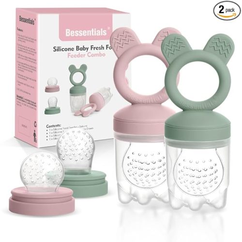 Baby Fresh Fruit Food Feeder - 2 Pack Silicone Mesh Feeders for Infant Safe Self Feeding |3 Sizes Food Pouches Included| Suitable for Baby 4m+ (Light Pink & Grass Green)