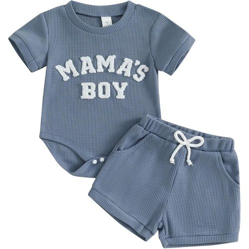 MERSARIPHY Newborn Baby Boy Summer Clothes Mama's Boy Little Dude Short Sleeve Romper Shorts Set Infant Waffle Knit Outfit