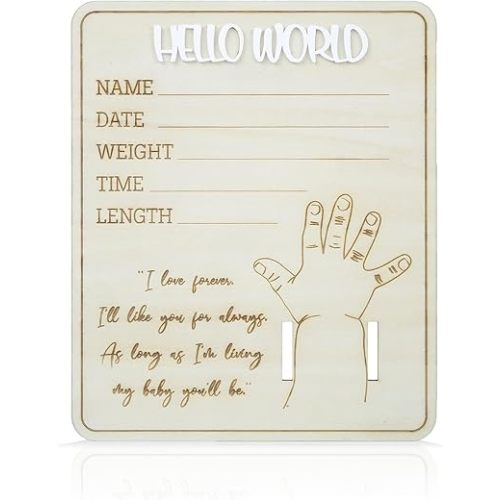 Wooden Baby Announcement Sign Hello World Newborn Welcome Sign Birth Name Plaques for Photo Props Shower Hospital Nursery (Bracelet)