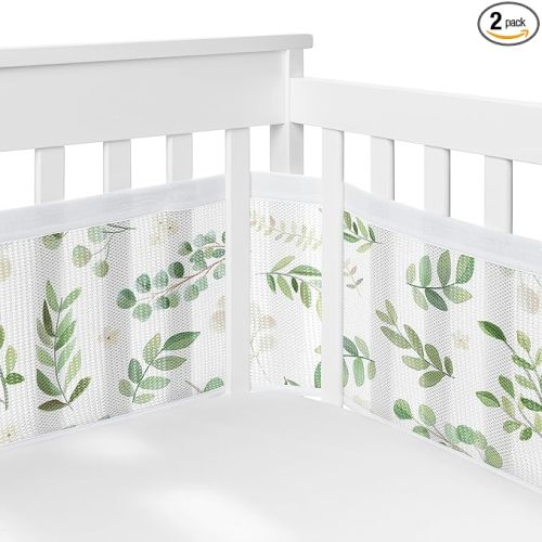 Sweet Jojo Designs + BreathableBaby 2-Piece Breathable Mesh Crib Liner Set (Green Boho Floral Leaf) for Boys/Girls, Baby, Infants/Newborn Nursery (Sage, Bohemian, Watercolor, Botanical, Woodland)