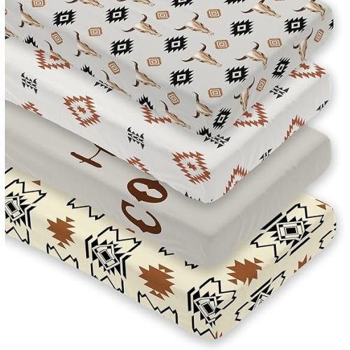 4 Pack Western Crib Set for Baby Boys, Soft Breathable Fitted Crib Sheet 28 x 52 in, Aztec Cowboy Nursery Decor for Standard Crib and Toddler Bed Mattresses