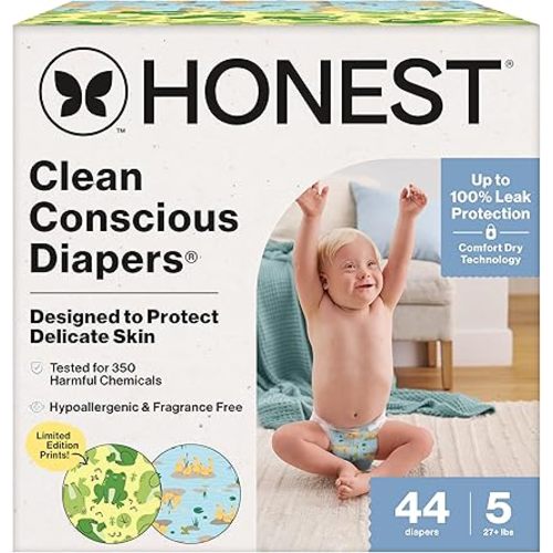The Honest Company Clean Conscious Diapers®, Up to 100% Leak Protection, Designed to Protect Delicate Skin, Hypoallergenic + Fragrance-Free, UR Ribbiting + Waddle It Be, Club Box, Size 4, 54 Count