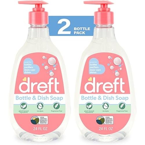 Dreft Baby, Bottle and Dish Soap, Removes Milk Film & Odor, Plant Based, Fragrance Free, Travel Size Bottles, 24 Fl Oz (Pack of 2)