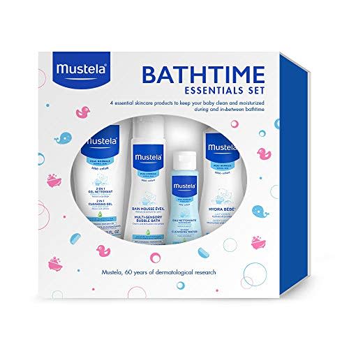 Mustela Baby Bath Time Essentials Gift Set - Natural & Plant-Based Baby Skin Care - 4 Items Set