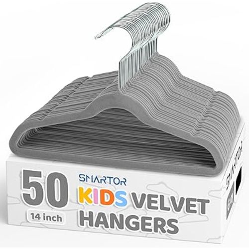 Smartor Premium 14 Inch Kids Hangers 50 Pack, Grey Baby Velvet Hanger, Non Slip, Space Saving Felt Hangers Clothes Organizers for Closet with 360° Swivel Hook for Children, Toddler & Teens