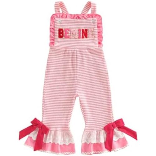 Onfmst Toddler Baby Girl Valentines Day Outfit Heart Embroidered Letter Sleeveless Jumpsuit Bell Bottoms Pants Overalls