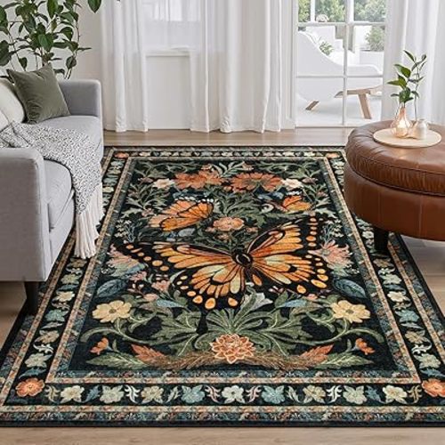 Wonnitar Butterfly Washable 5x7 Rug for Bedroom, Non Slip Boho Area Rug, Soft Stain Resistant Insect Floral Carpet for Living Room Dining Room Playroom Office (5'x7',Black)