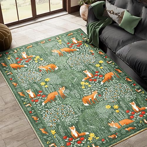 Cute Aesthetic Bedroom Rug, Ultra Thin Vintage Abstract 5x7 Carpet Washable, Boho Floral Botanical Area Rug for Living Room Entryway Kitchen Dorm, Green Woodland Forest Nature Kids Rug Nursery Carpet