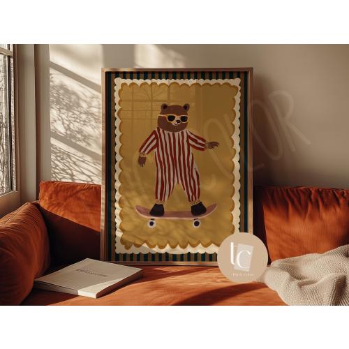 Cool Bear skateboarding with baby diaper  nursery wall art, retro kids print, funny wall art nursery decor silliest goose around