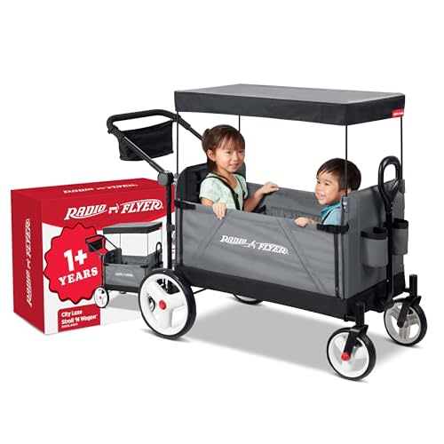 Radio Flyer City Luxe Stroll ’N Wagon, for Ages 1+, 3-in-1 Push or Pull, with Bench Mode, Easy Fold, UV Canopy, 5-Point Harnesses, Front Caster Wheels & 12" Rear Wheels, Stroller Wagon for Kids