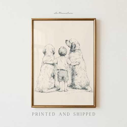 Boy and Dogs Wall Art, Child and Dog Sketch Print, Golden Retriever Nursery Decor, Dog Lover Poster, Pet Memorial Gift