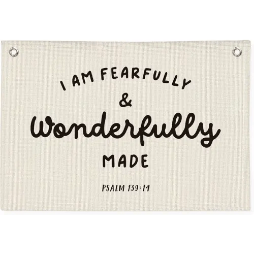 Kids Room Decor - Bible Verse Wall Hanging, 'I am Fearfully and Wonderfully Made' Linen Banner, Canvas Decoration for Classroom, Nursery, Kids Room