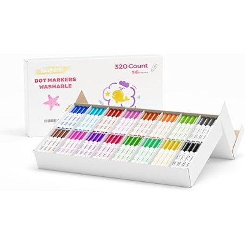 Washable Dot Markers Bulk, Pack of 320 with 16 Vibrant Colors, Shimmer Bingo Paint Daubers Supplies for Toddlers Preschool Student, Painting Art and Crafts, Non Toxic Water-Based