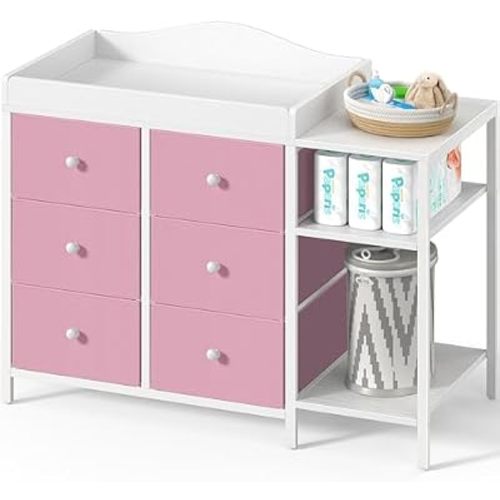BOLUO Baby Dresser with Changing Table Top, Changing Table Dresser with 6 Fabric Drawers Diaper Changing Station with Storage Shelf for Nursery Modern