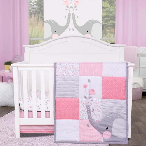 3-Piece Elephant & Floral Crib Bedding Set | Standard Nursery Comforter, Fitted Sheet & Skirt