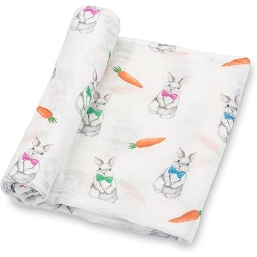 LollyBanks Swaddle Blanket, 100% Cotton Muslin Swaddle Blankets, Neutral Swaddle Blanket 47 x 47 Inches, Baby Blanket for Boys and Girls, Baby Essentials, Registry (Bunny Print)