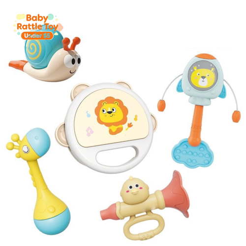 5 Pack Baby Musical Rattle Toy Set, Cartoon Animal Hand Drum & Soft Rubber Shaker Teether, Baby Rattles Toys for 0-6 Months Boys Girls, Early Developmental Parent-Child Interactive Birthday Gift