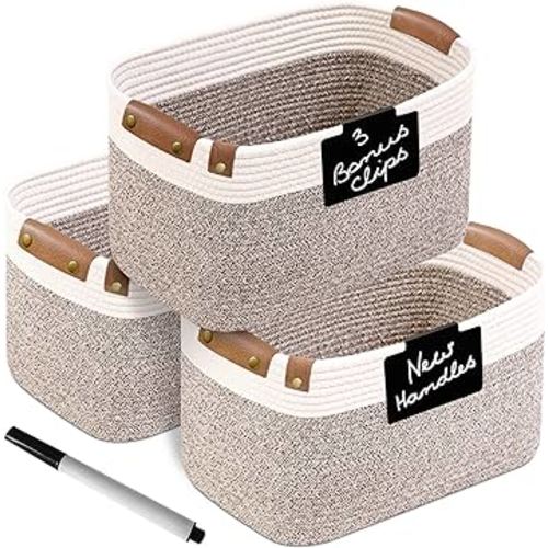 CHAT BLANC Cotton Rope Baskets for Organizing | Storage Baskets for Shelves | Rope Basket for Storage, Small Laundry Baskets, Woven Baskets for Storage, Dog Toy Bin, Baby Basket,Off White&Brown 3 Pack