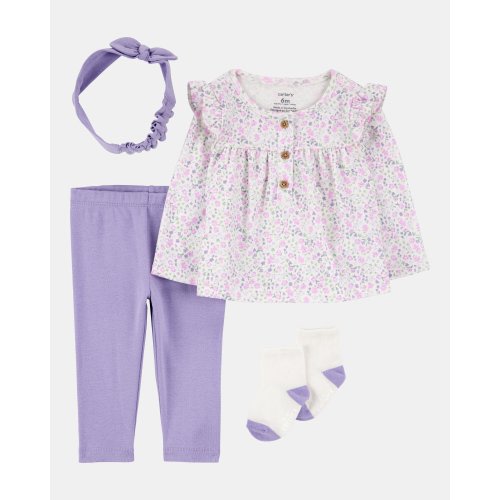 Baby Girl 4-Piece Floral Outfit Set - Purple