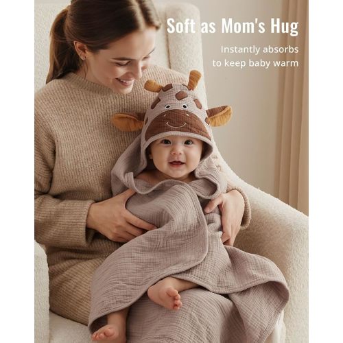 Blissful Diary Muslin Baby Hooded Towel 2 Pack, Soft & Absorbent Bath Towel for Infant, Toddler, Unisex, Baby Gift, Newborn Essentials, Bear & Giraffe