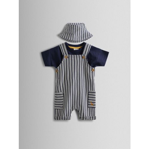 JoJo Maman Bébé Navy Blue Stripe Dungarees, T-Shirt & Hat 3-Piece Set