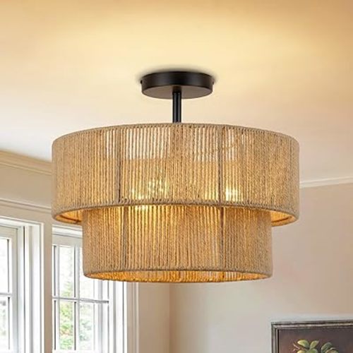 15.7'' Boho Light Fixtures Ceiling Mount, Coastal Hemp rope Semi Flush Mount Ceiling Light Fixture,3-Light Rattan Light Fixtures With 2-Tier Drum Shade, Farmhouse Chandelier Bedroom Ceiling Lamp
