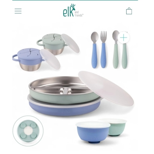 Stainless Steel Mealtime Bundle | Plates, Bowls, Snack Cups + Toddler Utensils | Suction Sleeves | Sage/MistyBlue