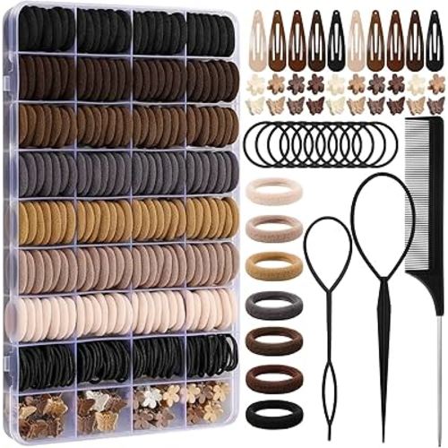 Hair Accessories for Girls - 360 Pieces Cotton Toddler Hair Ties Brown Ponytail Holders, Hair Clips and Hair Tail Tools, Neutral Colors