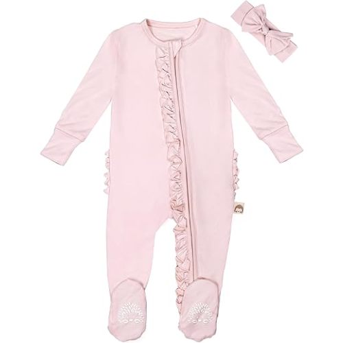 Ruffle Butts Baby Girl, Coming Home Outfit Girls, Baby Girl Clothes, Ruffled Newborn Sleepers with Headband, New born Hospital Outfit Girls (Pink Newborn Pajama)