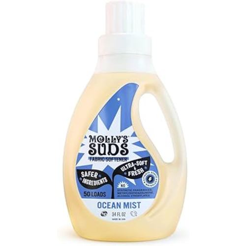 Molly’s Suds Fabric Softener Liquid for Sensitive Skin | Vinegar-Powered, Infused with Essential Oils | Fights Static, Reduces Wrinkles, Deodorizes | Ocean Mist, 50 Loads