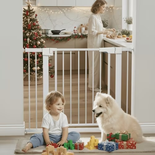 Naipo Baby Safety Gate,29.93~40.55 inch Wide Walk Through Baby Gate Hardware/Pressure Mounting Kit,with 2 Extensions for Age 6 to 24 Months,White