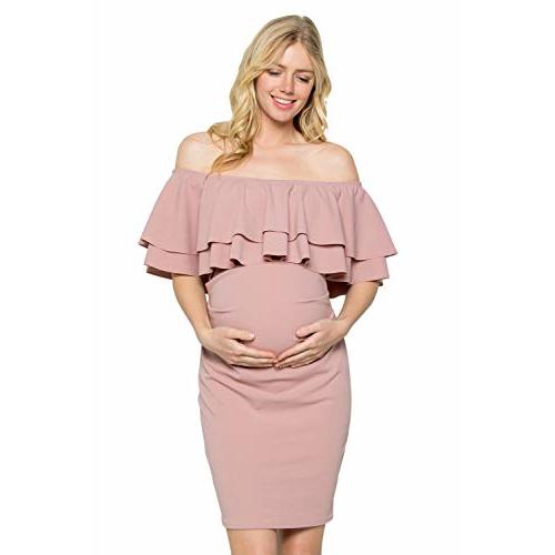 My Bump Double Layer Ruffle Maternity Dress-Fitted Off-Shoulder Baby Shower Pregnancy