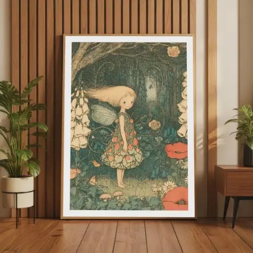 Victorian Fairy Garden Print, Watercolour Folk Art Poster, Woodland Nursery Decor