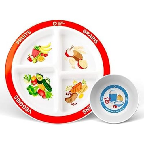 Health Beet MyPlate Portion Control Plate with Dairy Bowl - 4 Divided Sections for Fruit Grains Veggies Proteins – Dishwasher & Microwave Safe Sectioned Plates for Health Education - (Set of 1 each)
