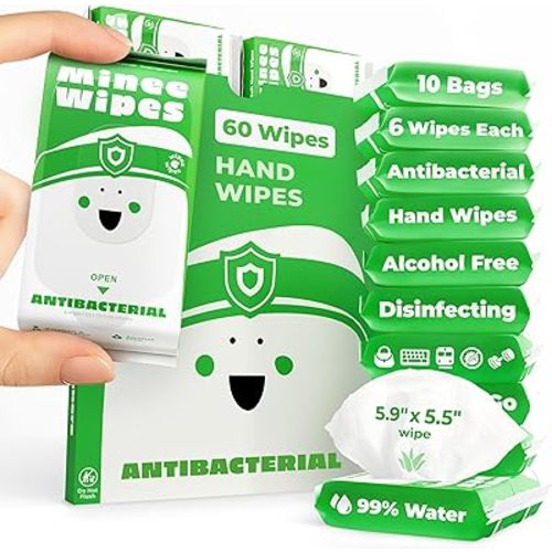 Impossibly Compact Travel Antibacterial Minee Wipes Hand Sanitizer - 99.5% Water and Aloe - Safe for Sensitive Skin Hand Wipes - Travel Essentials For Adults & Kids, 10 Pack Total 60 Wipes