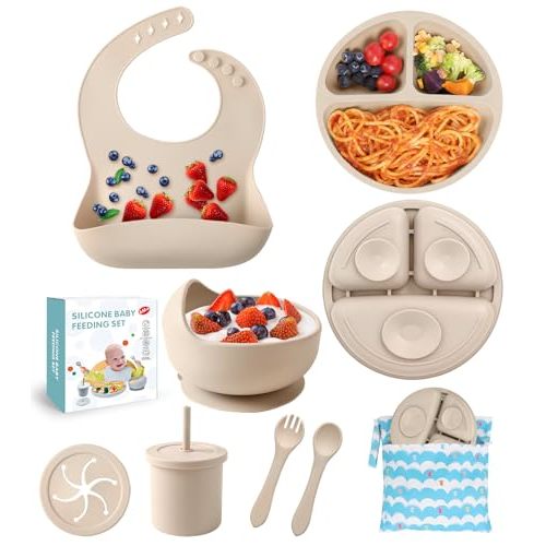 ECLIP Silicone Baby Feeding Set,10 Pcs Baby Led Weaning Supplies Baby Eating Essentials Set with Suction Bowl Divided Plate Adjustable Bib Soft Spoon Fork Cup with Lid Drinking Cup, Travel Bag (Beige)