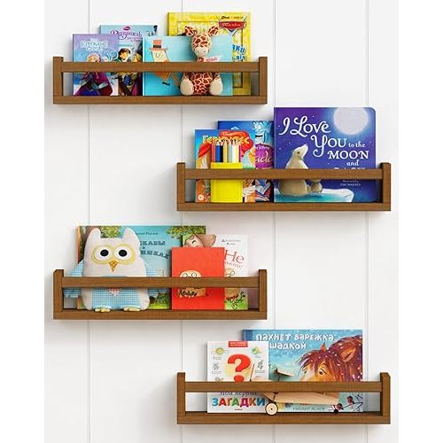 Forbena Walnut Brown Nursery Bookshelf Wall Mounted, Wooden Floating Book Shelves for Wall, Nursery Hanging Bookshelves for Baby Toddlers Kids Room Bedroom (Pine Wood, Walnut Color, 4-Pack)