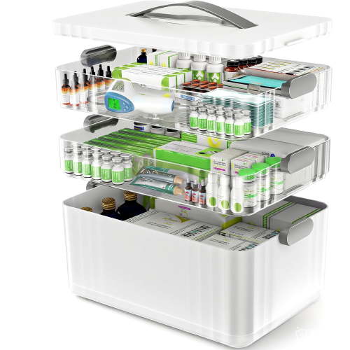 3-Tier Medicine Organizer - Portable Medicine Cabinet with Plastic Handle, Multipurpose Medical Box, Pill Organizer, Empty First Aid Kit for Home
