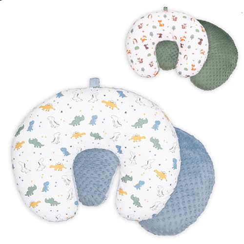 Double-Sided Baby Nursing Pillow Cover Set - 4 Pack - Soft Unisex Breastfeeding Pillow Cover for Girl & Boy with Hanging Loop - Multipurpose Washable Quick-Dry Slipcover Case with Waterproof Liner
