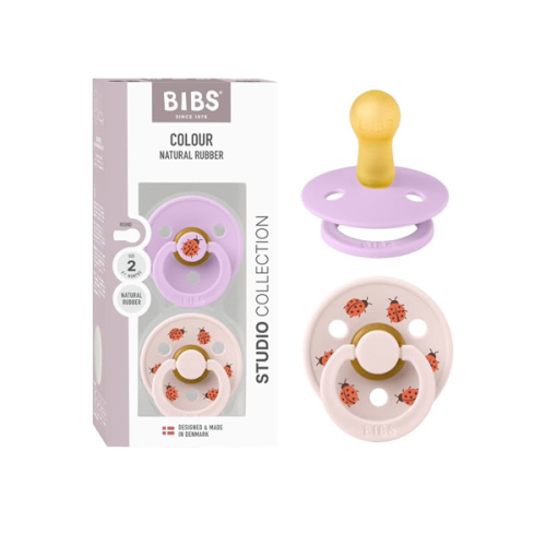 BIBS Studio Soother 2-Pack, BPA Free Dummy Pacifier, Round Nipple. Natural Rubber Latex, Made in Denmark, Size 2 (6-18 Months), Violet Sky/Petal