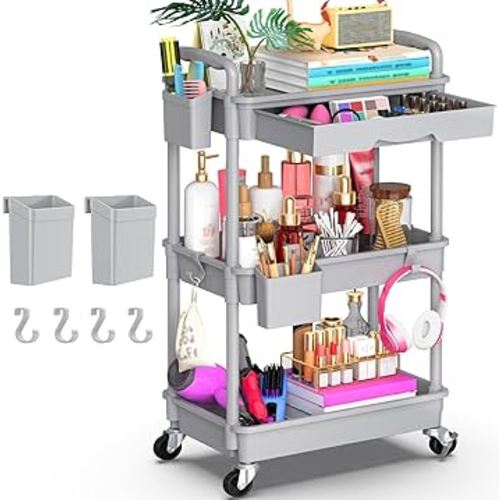 Goovilla 3 Tier Rolling Utility Cart Organizer with Removable Drawer, Stable and Sturdy Grey Rolling Storage Carts with 2 Lockable Wheels for Bathroom, Kitchen, Snack, Craft, Makeup, Baby Essentials