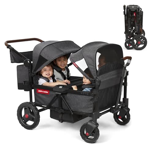 Radio Flyer Voya Quad Stroller Wagon, for Toddlers and Kids 6+ Months | Push or Pull, 4 Seats, Dual Sun Canopies, Compact Fold, Lightweight, 5-Point Harnesses, Storage Space