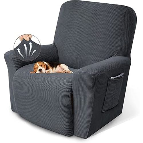 KEKUOU Recliner Chair Covers Lazy Boy Recliner Covers Stretch Couch Cover Slipcovers 1 Piece Furniture Protector with Elastic Bottom for Dog,Kids.(Recliner, Charcoal)