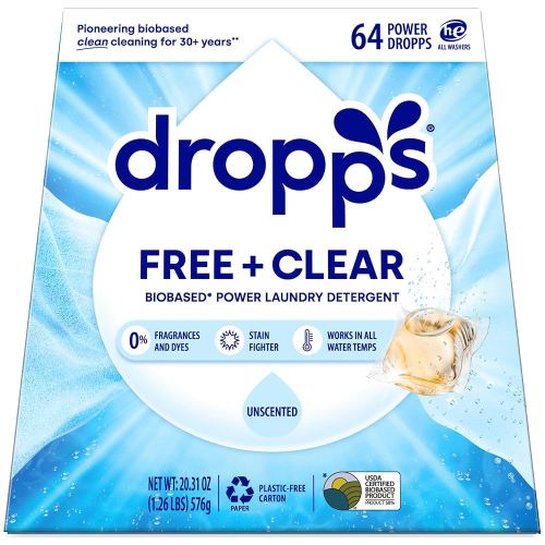 Dropps Free + Clear Biobased Power Laundry Detergent Pods, Unscented (64 Count) - HE Compatible Laundry Pods for Fresh Clothes - Laundry Soap Supplies & Recyclable Paperboard Packaging